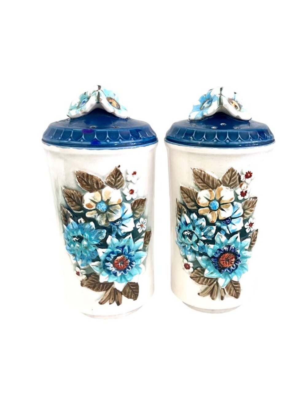 VTG TILSO Japan Salt Pepper Set Pair Hand-Painted 3D Raised Blue White Floral